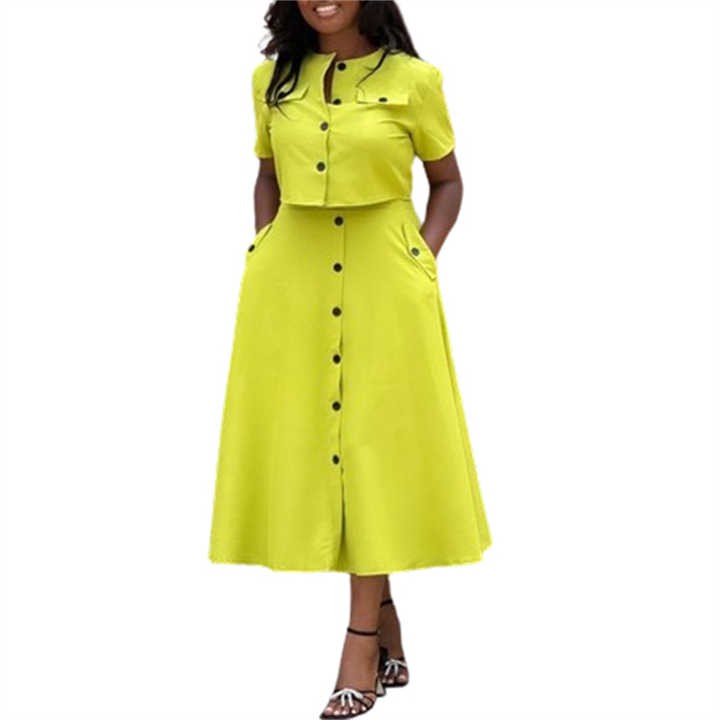 African Dresses for Women Clothing Solid Color Summer Casual Women's Sets Short Sleeve Elegant Two Piece Skirt Set