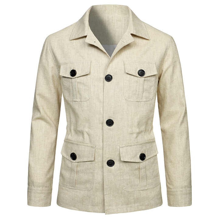 Spring and Autumn New Men's Jacket Flip Collar Multi Pocket Button Linen Casual Men's Coat